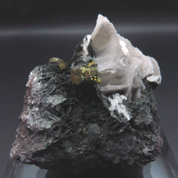 Iridescent Etched Pyrite with Mangano Bladed Calcite from Inner Mongolia IP01