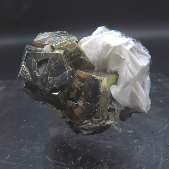 Iridescent Etched Pyrite with Mangano Bladed Calcite from Inner Mongolia IP33